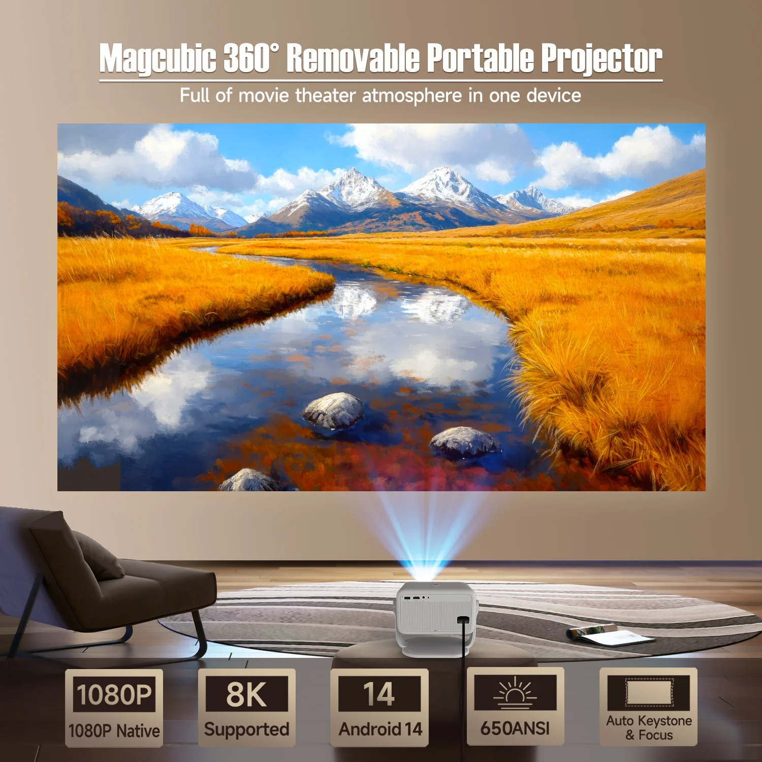 Magcubic L018 Portable Projector | 400 ANSI, 1080P Native, Android14,8K Support. 180° Rotation, Auto keystone/focus, WiFi 6, BT 5.4 for Home/Travel - Image 3