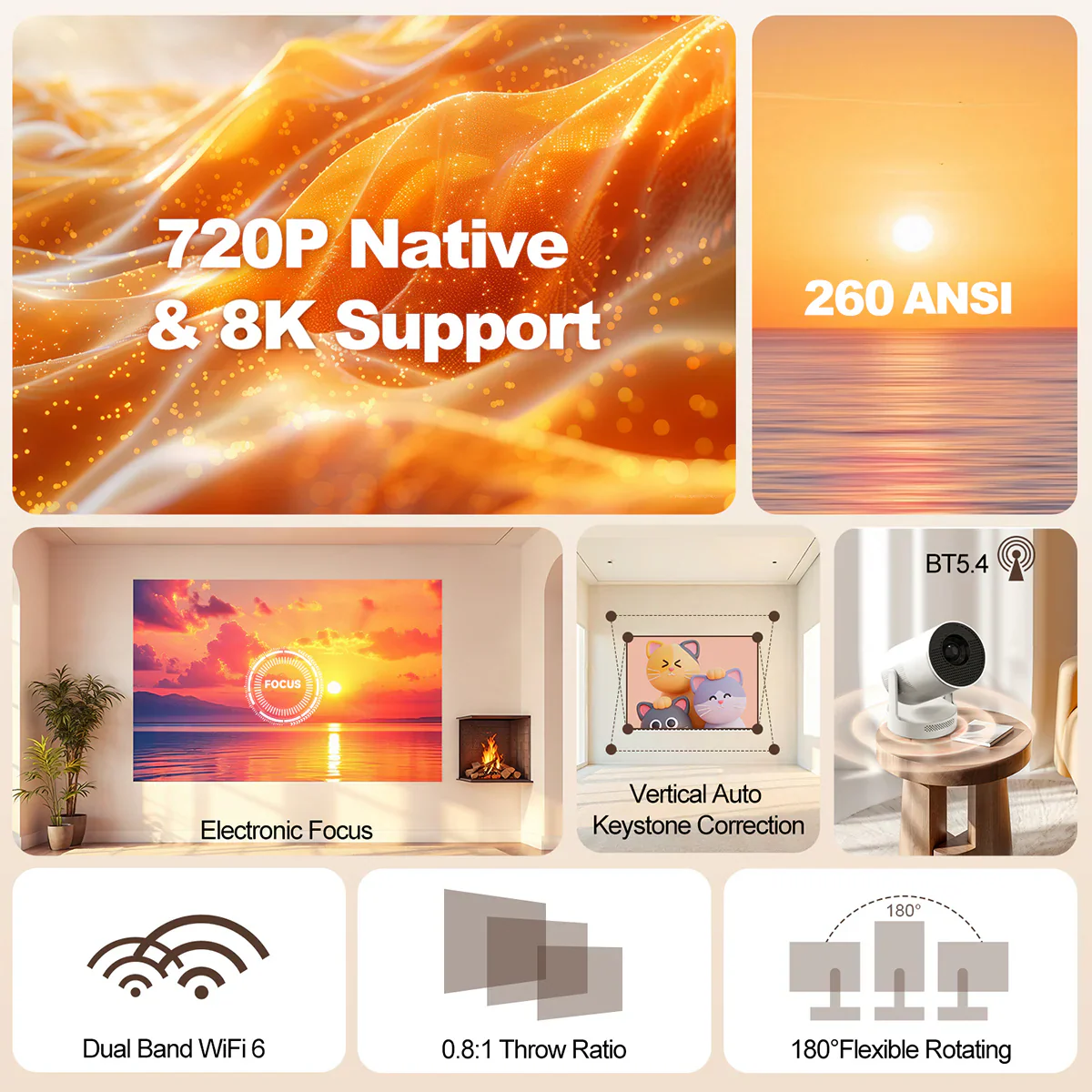 Magcubic 8K HY300 UItra Portable Projector with Electronic Focus 720P 260ANSI Speaker Android 11 BT5.4 180° flexible Home Outdoor - Image 3