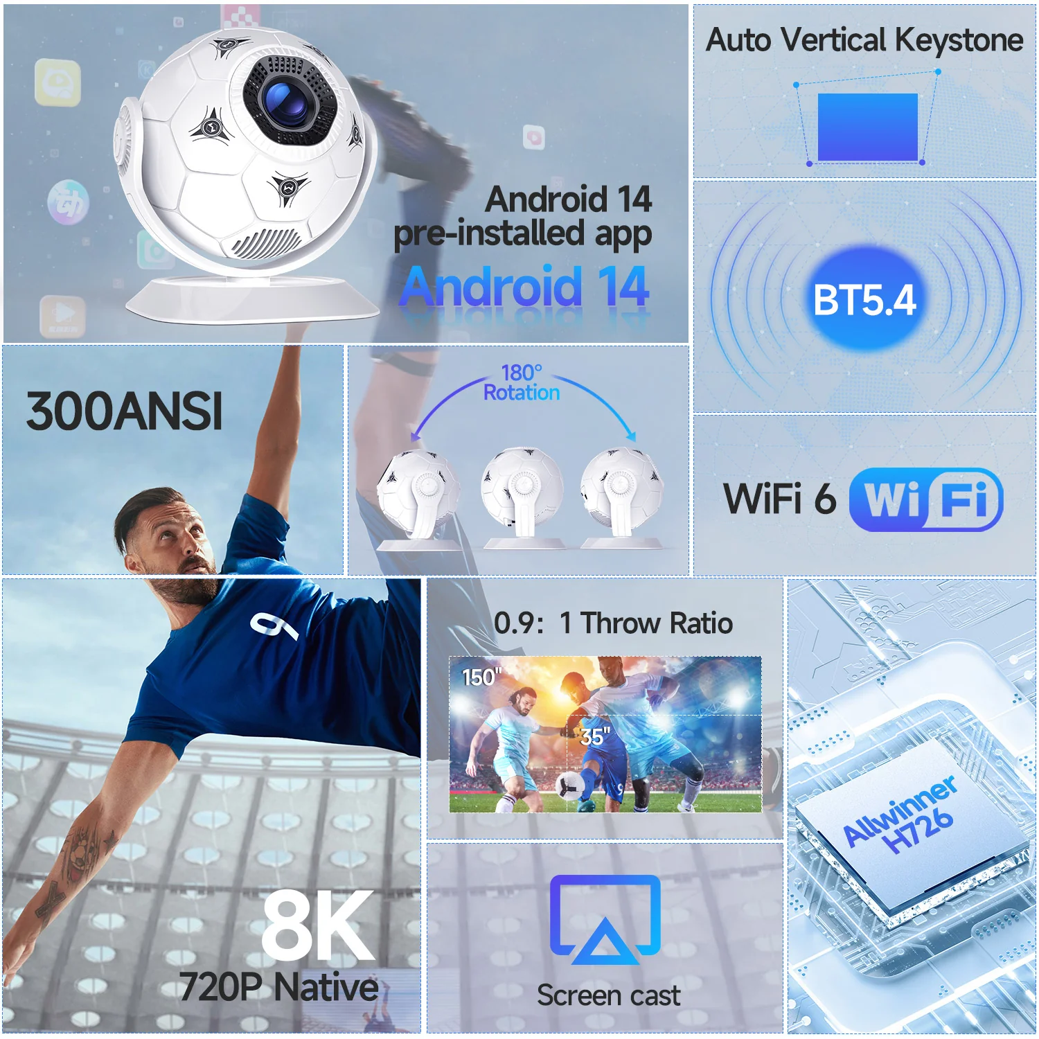 Magcubic HY300F Android 14 8K 300 Ansi MINI Projector LED Wifi6 BT5.4 Projectors Creative Football Styling Movie Home Theater - Image 5
